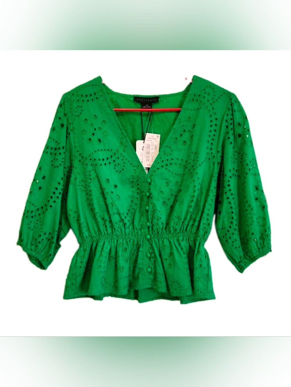 Sanctuary Green Cotton Eyelet Peplum Blouse V-Neck Puff Sleeve M NWT